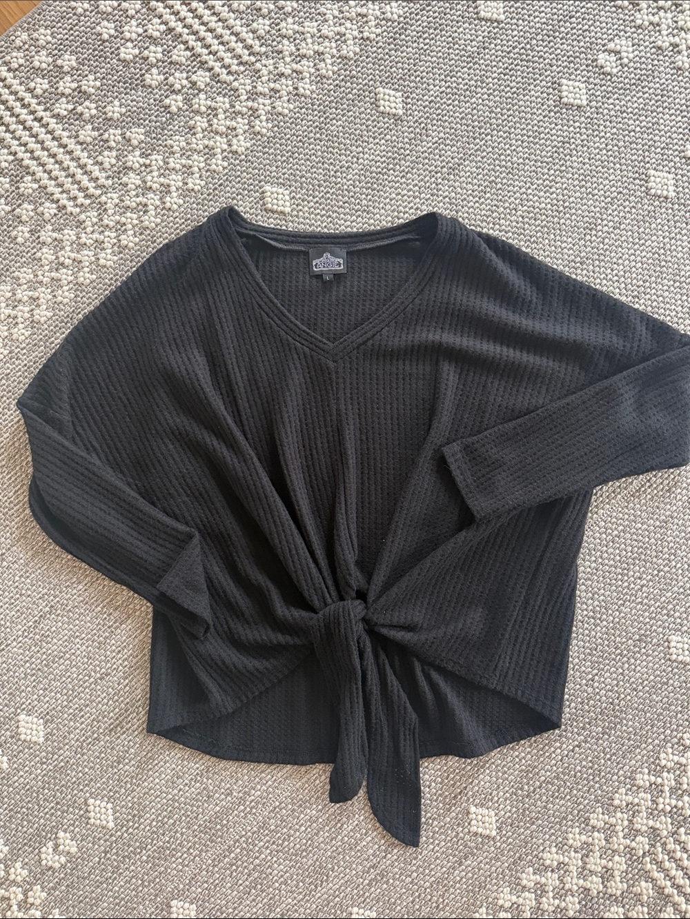 Angie Black V-Neck Tie-Front Waffle Knit Sweater